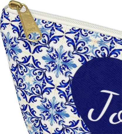HOTPersonalized Pouches with Zipper, Makeup Cosmetic Case Travel, Pencil Pouch for Women, Portuguese Blue Tile Bag, Portugal Gifts for Mom