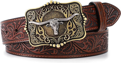 HOTCowboy Cowgirl Belt Western Belts for Men Women Floral Engraved Longhorn Bull Buckle Belt for Jeans