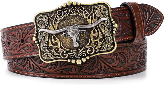 HOTCowboy Cowgirl Belt Western Belts for Men Women Floral Engraved Longhorn Bull Buckle Belt for Jeans