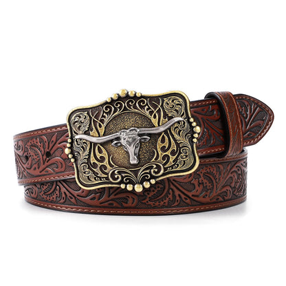 HOTCowboy Cowgirl Belt Western Belts for Men Women Floral Engraved Longhorn Bull Buckle Belt for Jeans