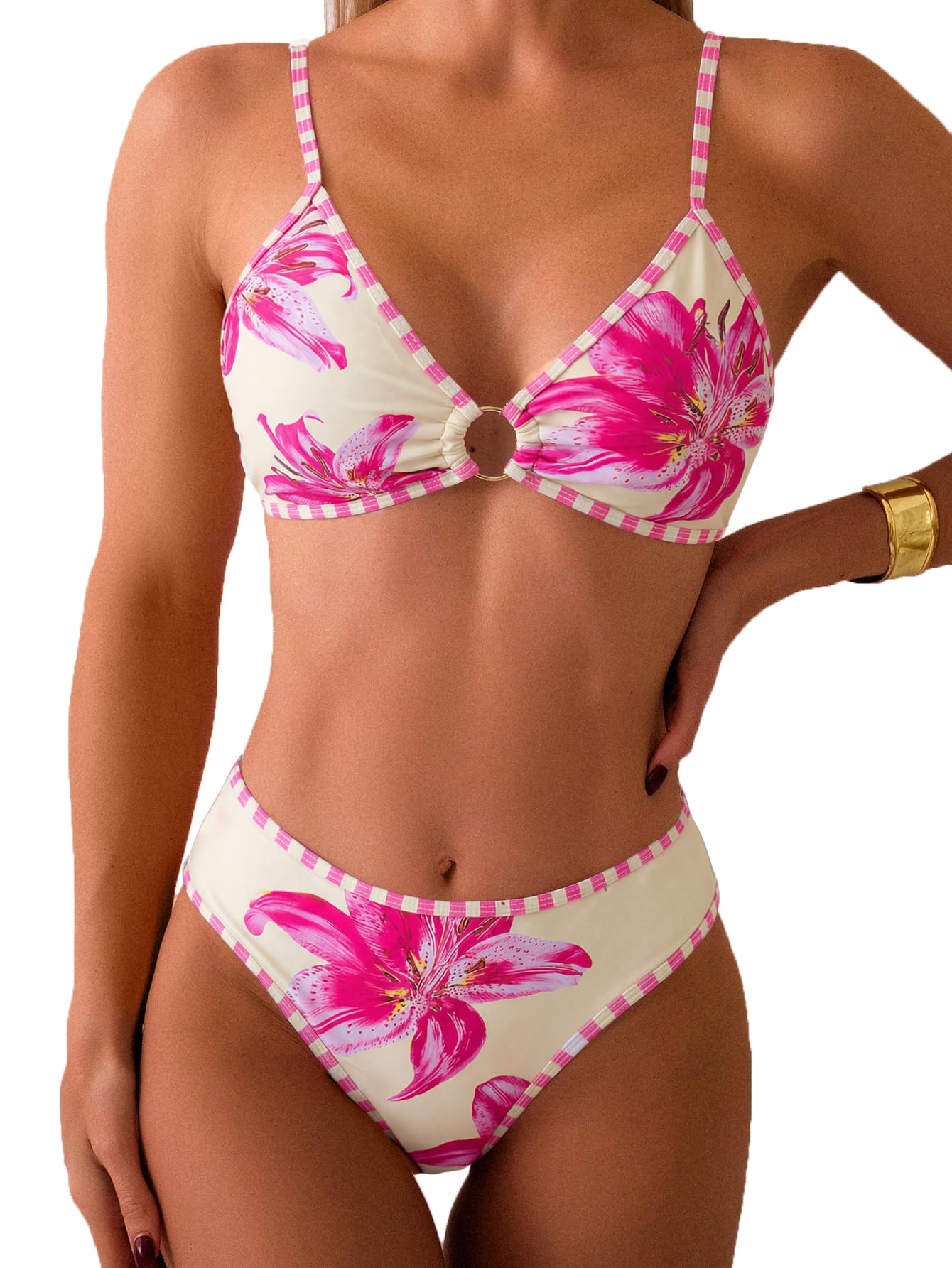 HOTTainehs Women's Two Piece Bikini Sets O Ring Front Top Ditsy Floral Triangle Swimsuits Cheeky Bathing Suit