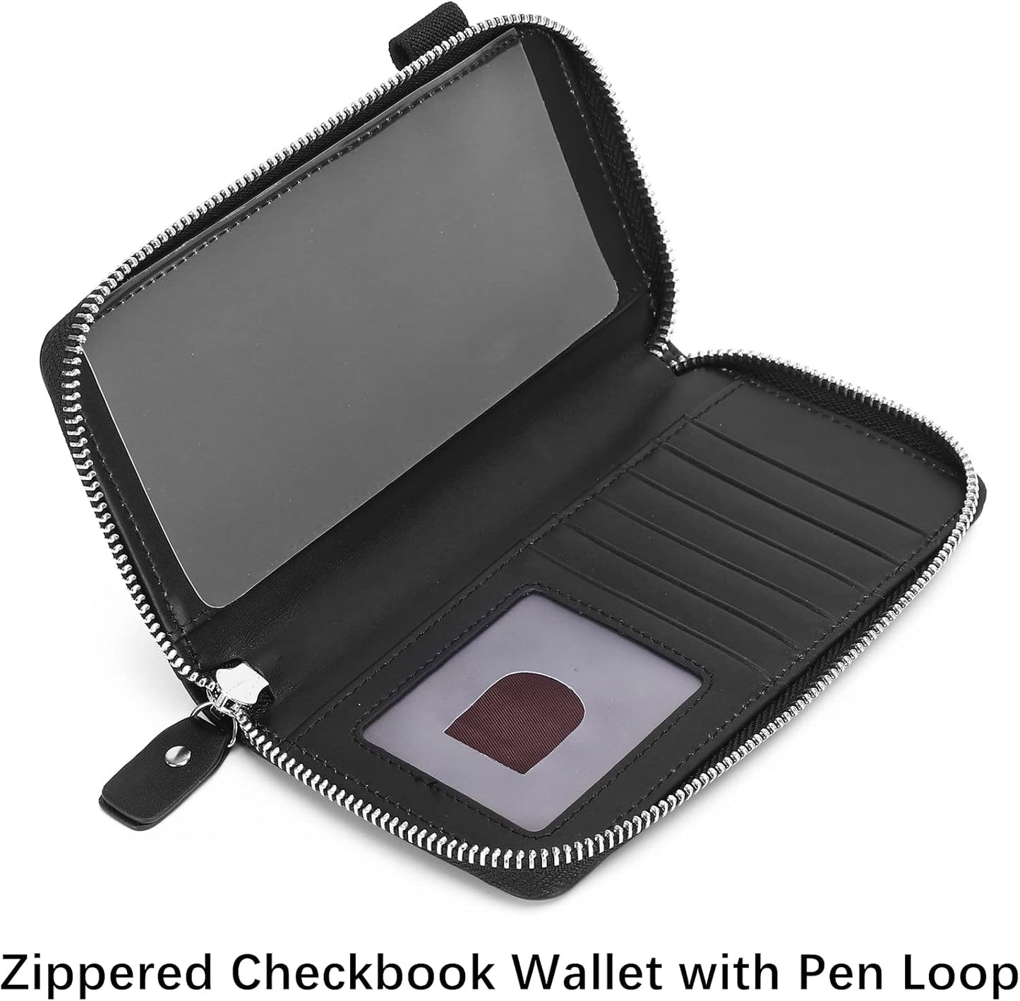 HOTLLi Cufite Genuine Leather Zipper Checkbook Cover with Divider & Card Holder Italian Calfskin, For Men & Women, Deluxe Check Holder RFID Blocking