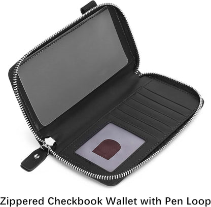 HOTLLi Cufite Genuine Leather Zipper Checkbook Cover with Divider & Card Holder Italian Calfskin, For Men & Women, Deluxe Check Holder RFID Blocking