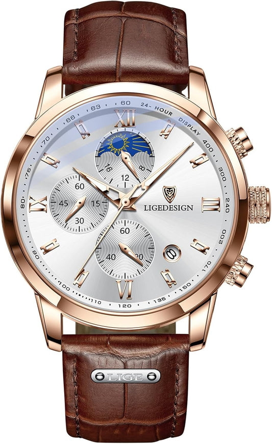 HOTLIGE Chronograph Watch for Men Wrist Leather Analog Dress Waterproof Vintage Work Casual Unique Retro Quartz Date Moon Phase Display Luminous 3ATM Water Resistant Mens Watches