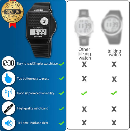 HOTFive Senses - English Atomic Talking Watch, Easy to use for Seniors Blind Men Women, Loud Talking Watch with Sound for Vision Impaired, Watches for Elderly Women, Blind People Products 1026 (BLACK)