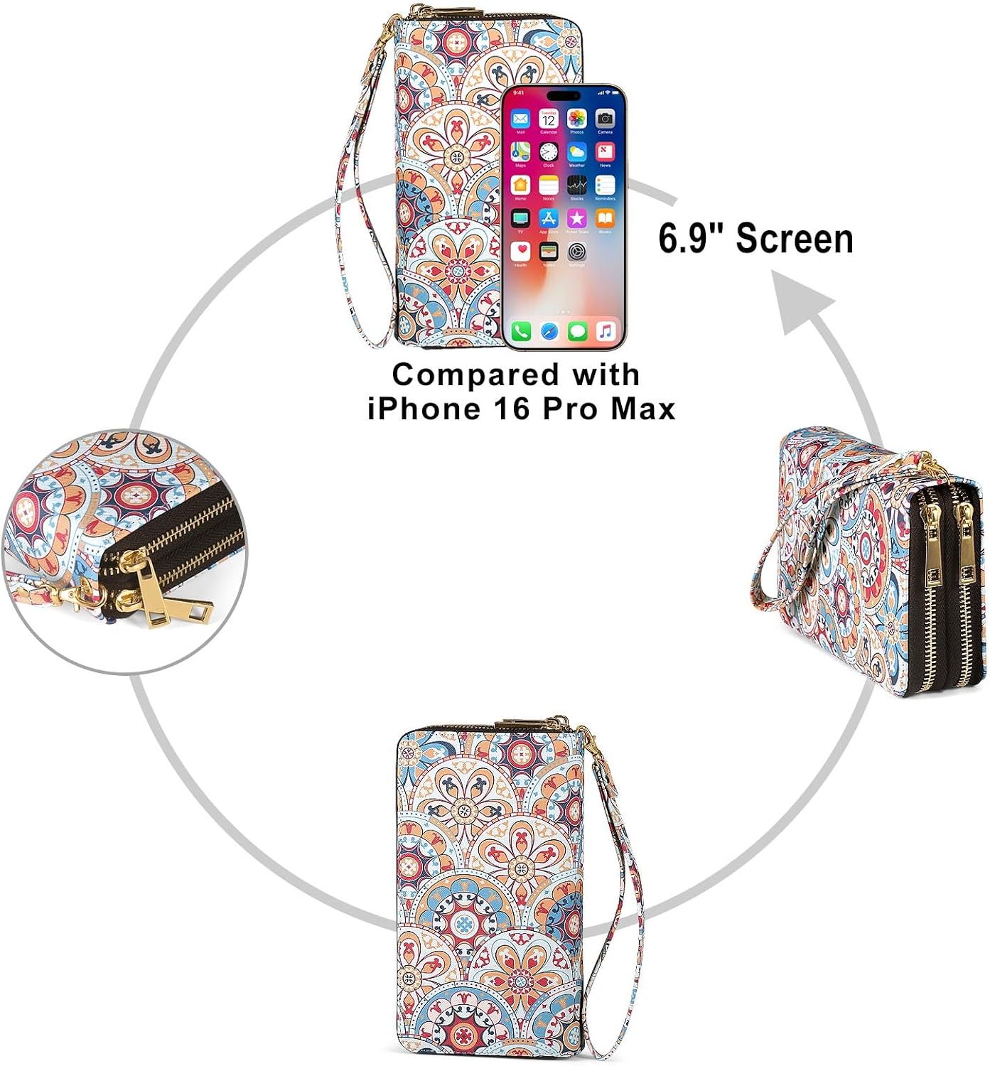 HOTRFID Blocking Cellphone Wallet for Women with Removable Strap, Double Zipper Wristlet Bag Large Capacity, Ladies Travel Clutch Purse, Artistic Flower