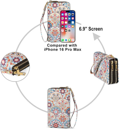 HOTRFID Blocking Cellphone Wallet for Women with Removable Strap, Double Zipper Wristlet Bag Large Capacity, Ladies Travel Clutch Purse, Artistic Flower
