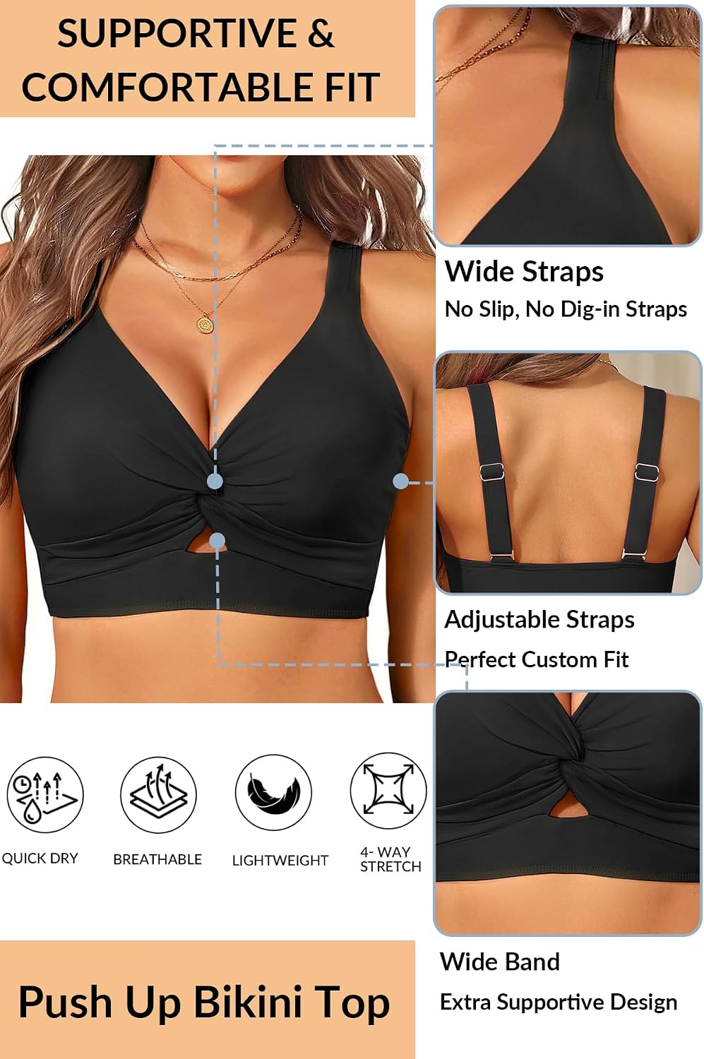 HOTWomen Cut Out Twist Bikini Top Only Supportive Large Bust Swimsuit Top | Removable Cups,Wide Underbust Band,Adjustable Wide Straps,Full Lining,Soft Fabric,High Stretch