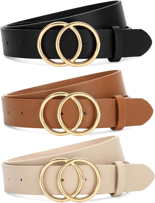 HOTSANSTHS 3 Pack Women Waist Belts for Jeans Pants Dresses, Ladies Belt with Double O-Ring Gold Buckle