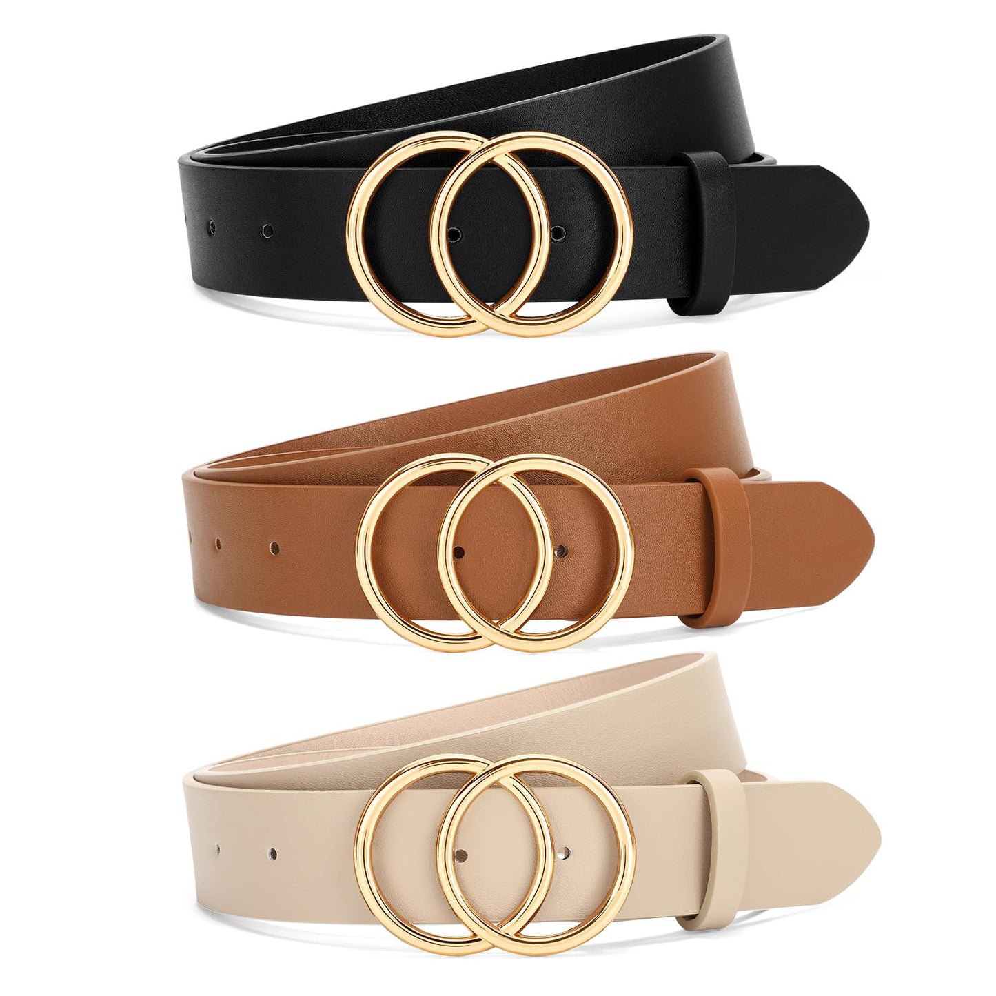 HOTSANSTHS 3 Pack Women Waist Belts for Jeans Pants Dresses, Ladies Belt with Double O-Ring Gold Buckle