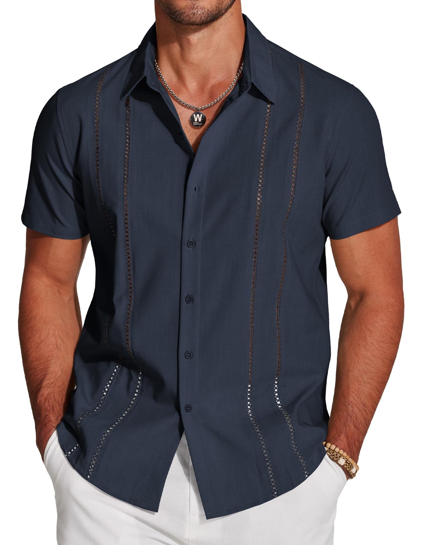 HOTCOOFANDY Men's Cuban Guayabera Shirt Short Sleeve Button Down Shirts Casual Summer Beach Linen Shirts
