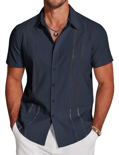 HOTCOOFANDY Men's Cuban Guayabera Shirt Short Sleeve Button Down Shirts Casual Summer Beach Linen Shirts