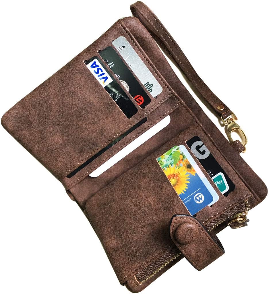 HOTAOXONEL Women's Small Bifold Leather wallet Rfid blocking Ladies Wristlet with Card holder id window Coin Purse