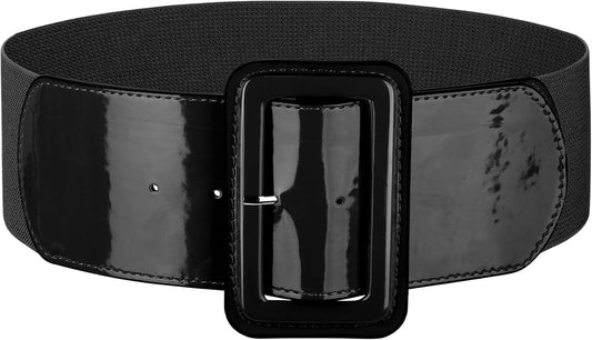 HOTJASGOOD Women Wide Stretchy Belt Vintage Elastic Waist Belt for Dresses Fashion Ladies Waist Belt with Patent Square Buckle
