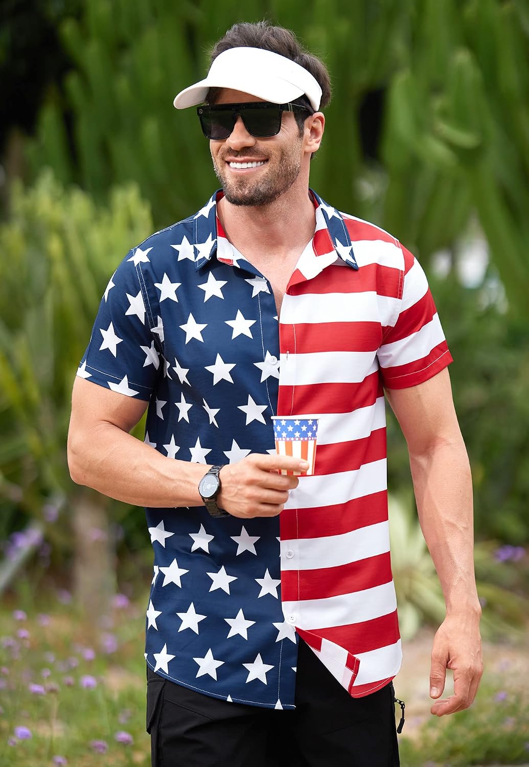 HOTArvilhill Men American Flag Button Shirt 4th of July Short Sleeve Shirts (S-3XL)