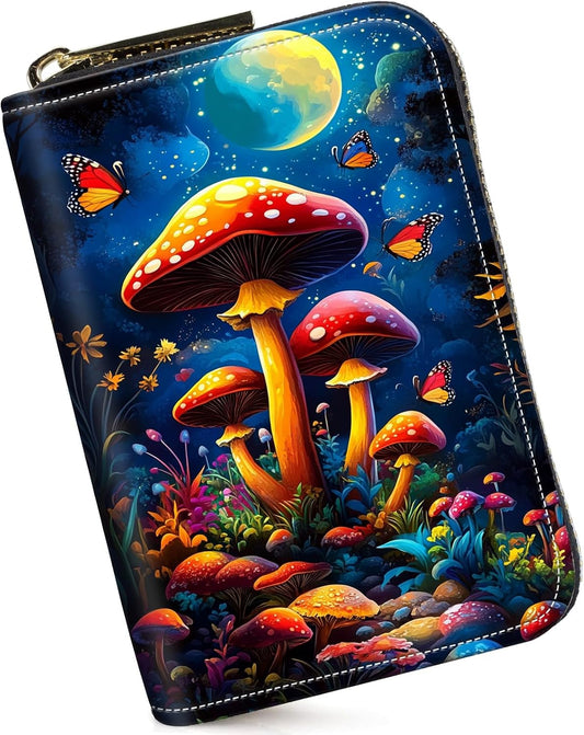 HOTCredit Card Holder for Women Men,RFID Blocking Small Card Case Wallet with Zipper,Leather Pocket Business Card Accordion Wallet-Mushroom Moon in the Forest
