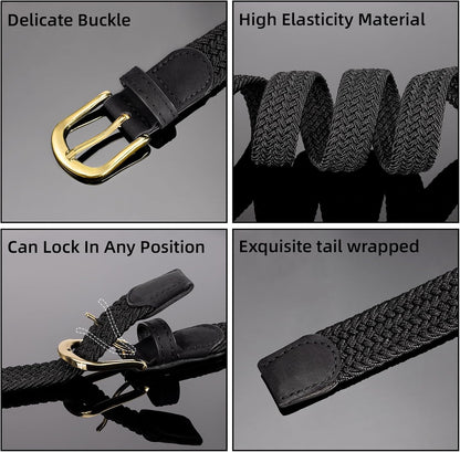 HOT2 Pack Braided Belt for Women, Elastic Woven Stretch Fabric Cloth Belt with Gold Buckle