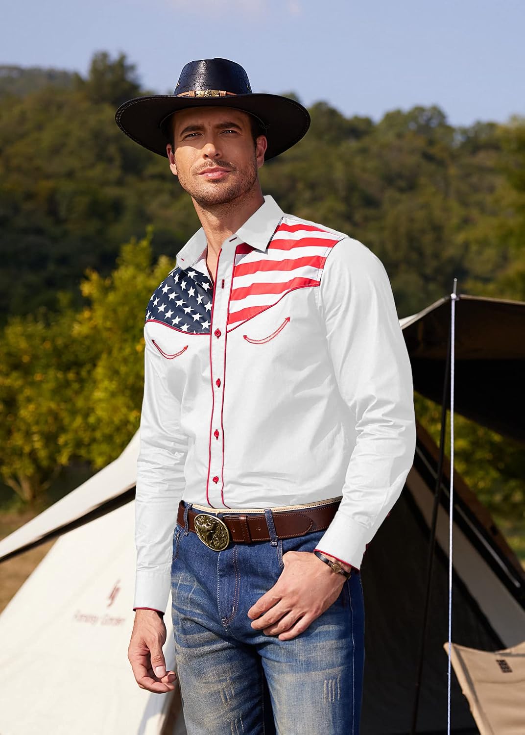 HOTCOOFANDY Men's American Flag Button Down Shirts Western Cowboy Shirt Slim Fit Patriotic Long Sleeve Shirt