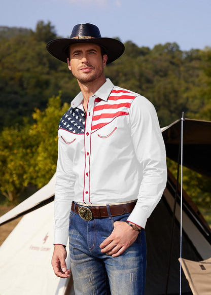 HOTCOOFANDY Men's American Flag Button Down Shirts Western Cowboy Shirt Slim Fit Patriotic Long Sleeve Shirt