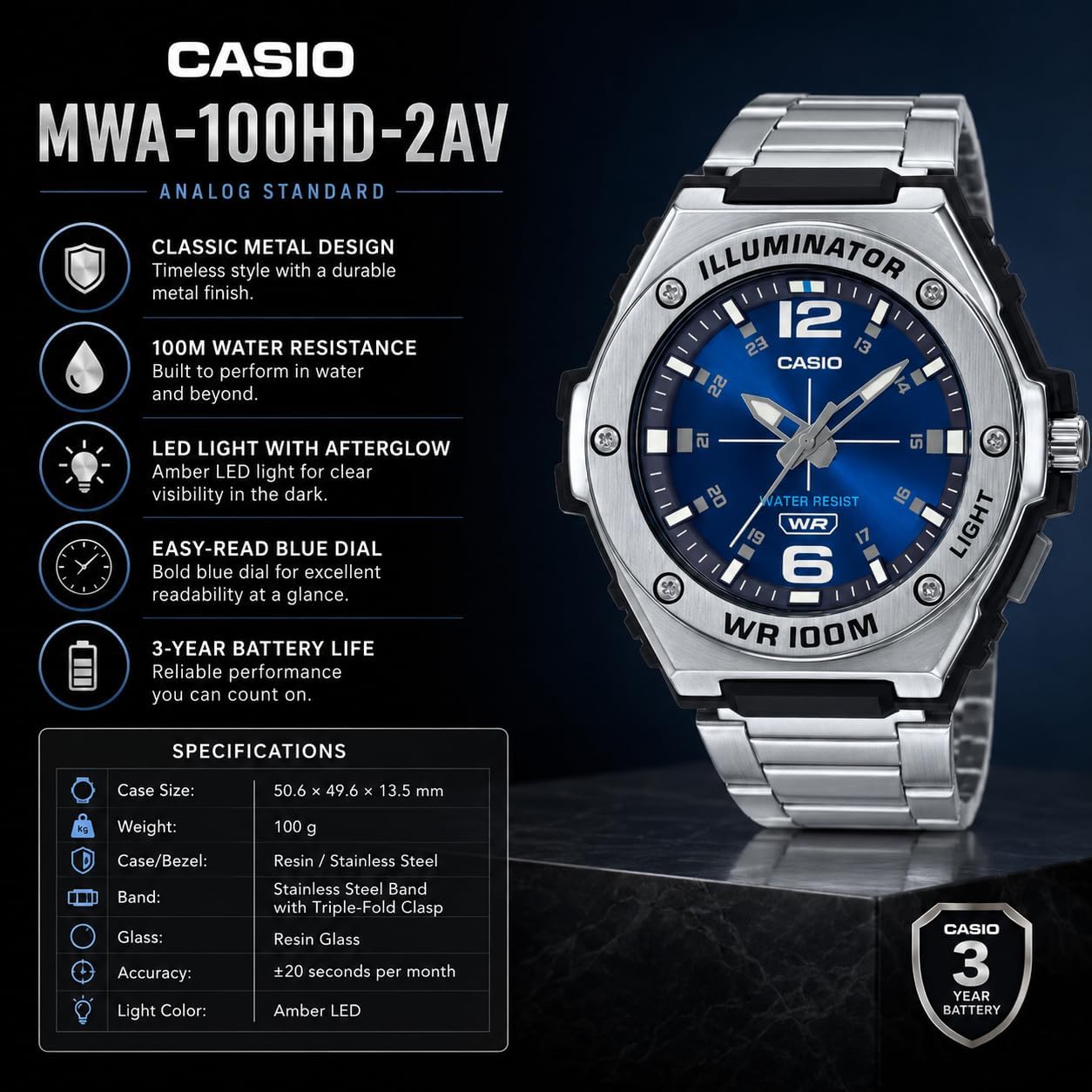 HOTCasio MWA100H Series | Men’s Analog Watch |100M WR | Stainless Steel Bezel | LED Illuminator Backlight with Afterglow | Resin Band | 3 Hands (HR, MIN, SEC) | 3 Year Battery