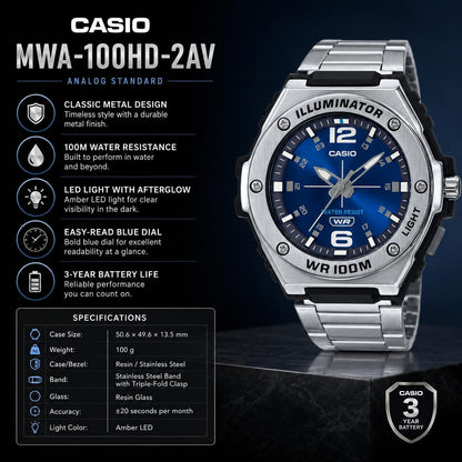 HOTCasio MWA100H Series | Men’s Analog Watch |100M WR | Stainless Steel Bezel | LED Illuminator Backlight with Afterglow | Resin Band | 3 Hands (HR, MIN, SEC) | 3 Year Battery