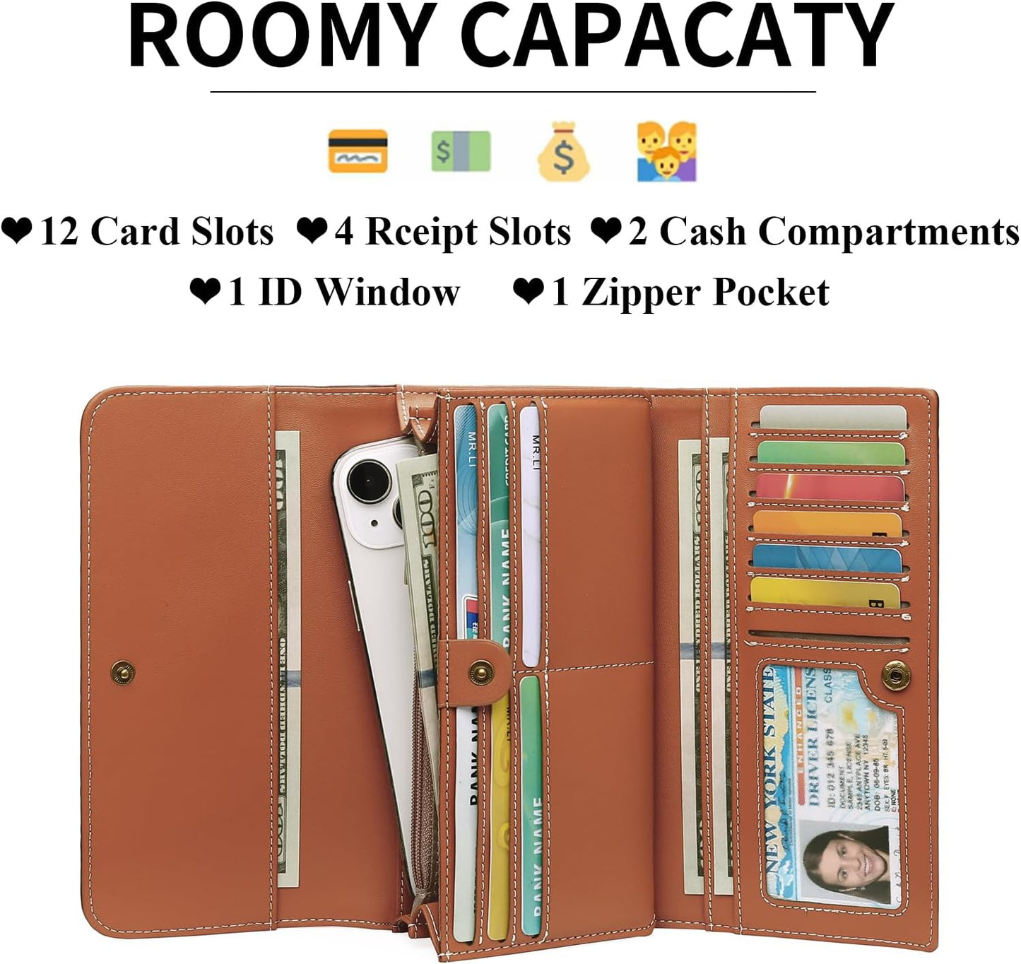 HOTGOIACII Leather Wallets for Women RFID Blocking Western Clutch Brown | Embossed Design, Trifold, Large Billfolds, Vintage Flower, Ladies Purses with Zipper Coin Pocket