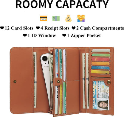 HOTGOIACII Leather Wallets for Women RFID Blocking Western Clutch Brown | Embossed Design, Trifold, Large Billfolds, Vintage Flower, Ladies Purses with Zipper Coin Pocket