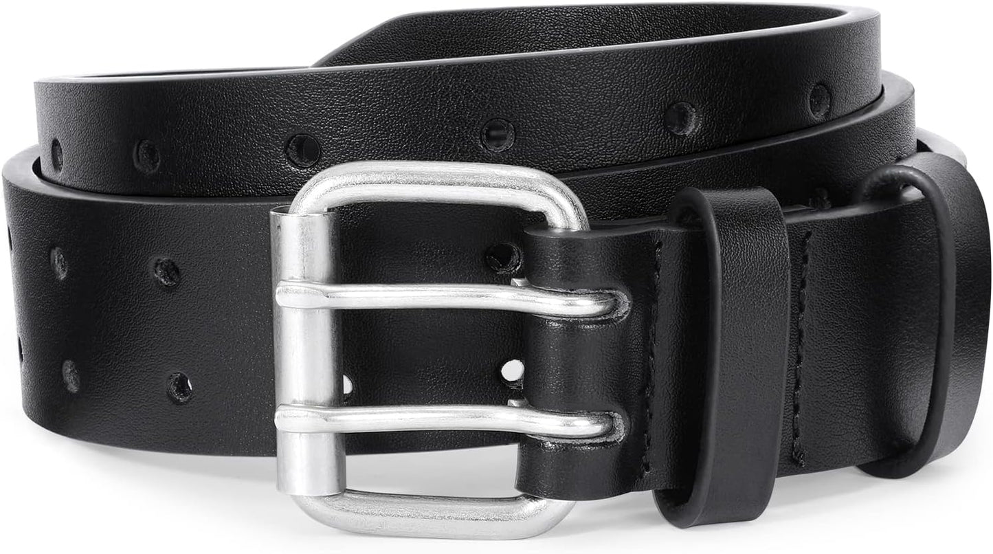 HOTJASGOOD Men Double Prong PU Leather Belt Casual Work Heavy Duty Belt Double Grommet Holes Belt for Jeans