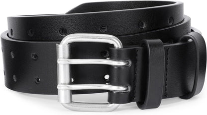 HOTJASGOOD Men Double Prong PU Leather Belt Casual Work Heavy Duty Belt Double Grommet Holes Belt for Jeans