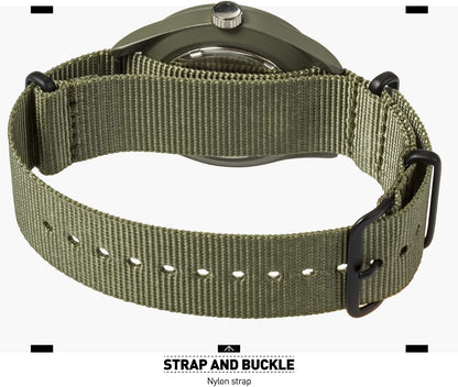 HOTInfantry Mens Military Field Watch, Vietnam Style, 12/24H, Green Nylon Band | Tactical Day Date, Waterproof, Analog Quartz, Army Green Strap for Outdoor Work, Veteran Gift
