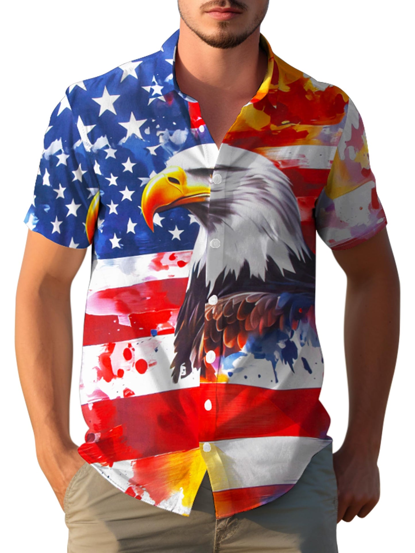 HOTYoimira 4th of July Shirts for Men,Patriotic Grunge Concept USA Flag Button-Down Casual Short Sleeve Hawaiian Shirts for Men