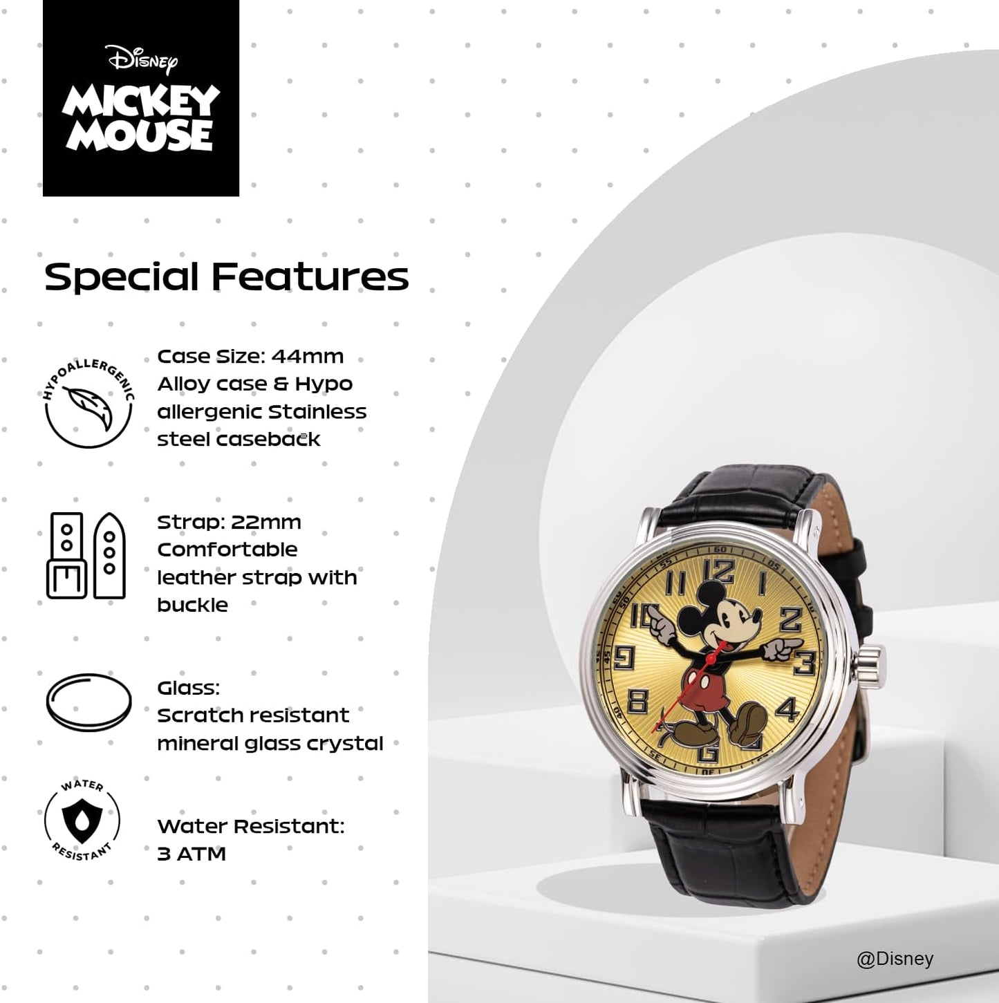 HOTFull Color Mickey Mouse Head Silhouette Watch for Men \u2013 Iconic Mickey Mouse Watches for Men \u2013 Stylish Watch \u2013 Classic Watches with Silver Dial &amp; Black Leather Bracelet