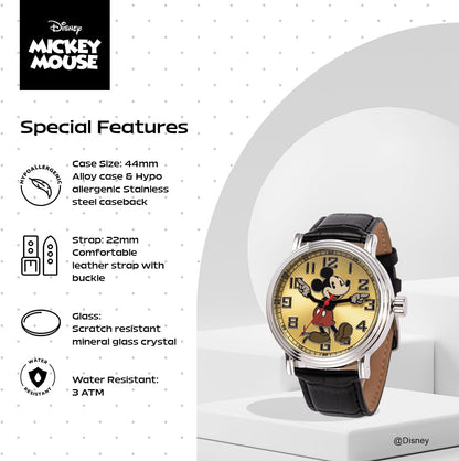 HOTFull Color Mickey Mouse Head Silhouette Watch for Men \u2013 Iconic Mickey Mouse Watches for Men \u2013 Stylish Watch \u2013 Classic Watches with Silver Dial &amp; Black Leather Bracelet