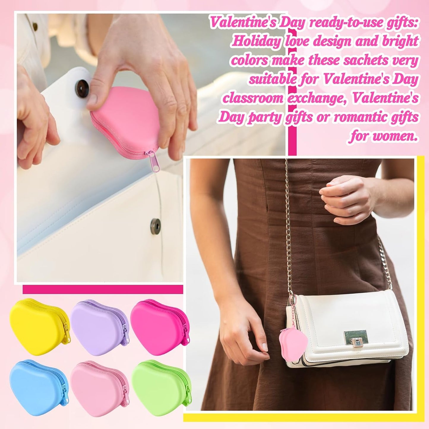 HOT24 Set Heart Shaped Purse Silicone Pouch Heart Coin Purse Small Change Wallet Kawaii Cute Mini Bag with Keychain Zipper Gift for Women Bag Charms Birthday Party Favors Holiday Supplies Gifts