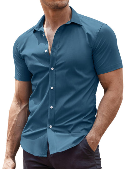 HOTCOOFANDY Men's Muscle Fit Dress Shirts Wrinkle-Free Short Sleeve Casual Button Down Shirt