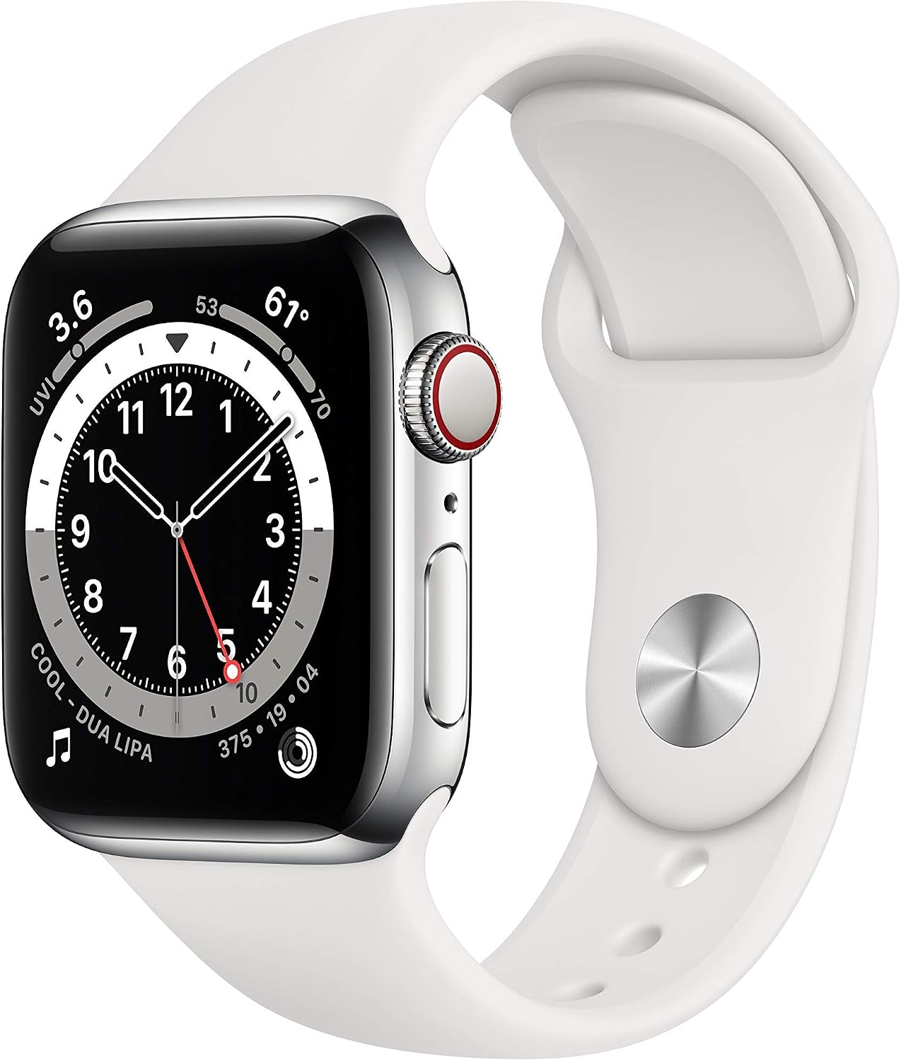 HOTApple Watch Series 6 (GPS + Cellular, 40mm) - Silver Stainless Steel Case with White Sport Band (Renewed)