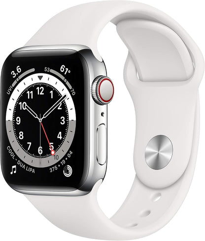 HOTApple Watch Series 6 (GPS + Cellular, 40mm) - Silver Stainless Steel Case with White Sport Band (Renewed)