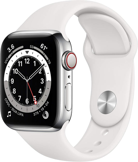 HOTApple Watch Series 6 (GPS + Cellular, 40mm) - Silver Stainless Steel Case with White Sport Band (Renewed)