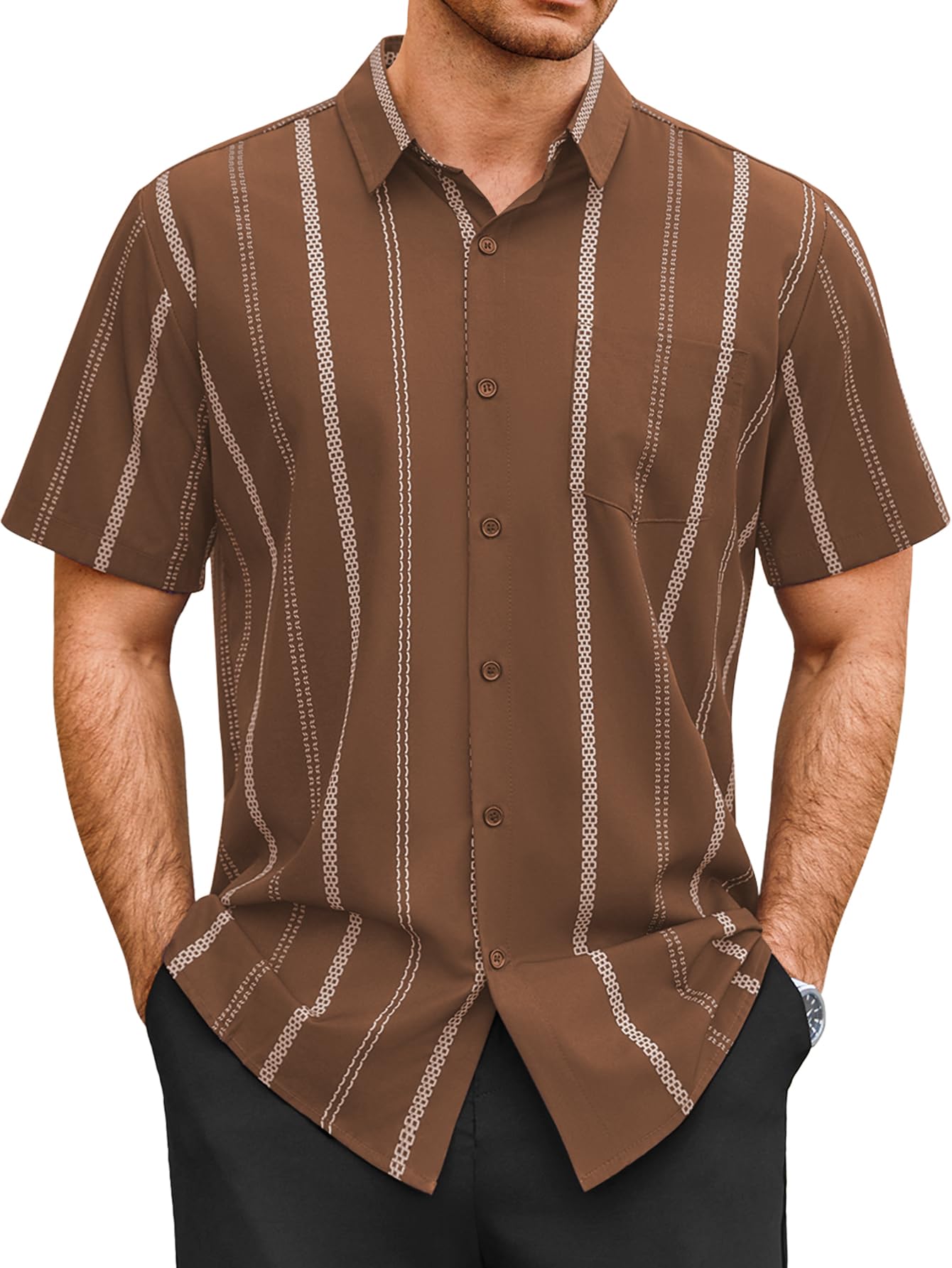 HOTHardaddy Men's Casual Striped Shirts Button Down Short Sleeve Blouse Summer Hawaiian Shirt