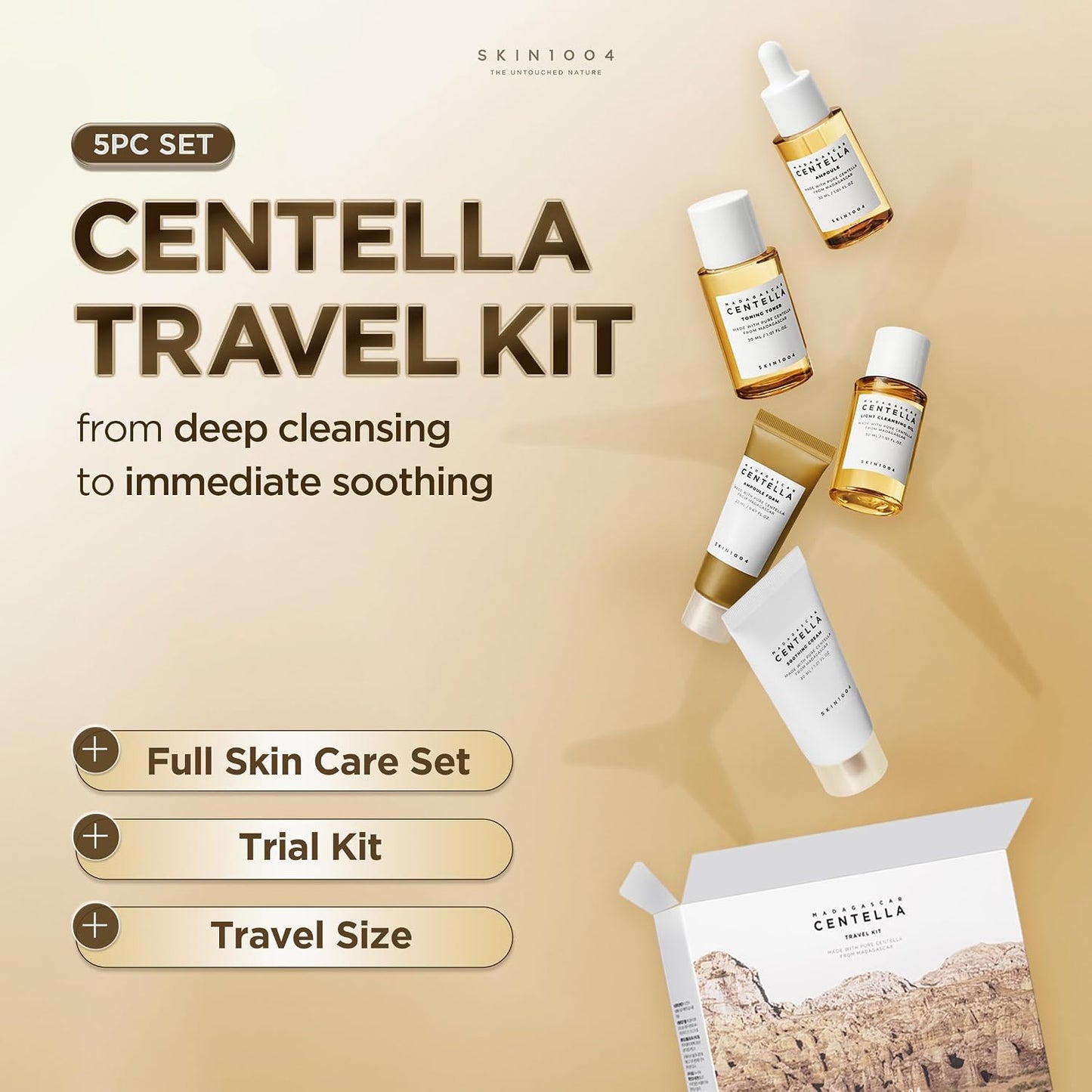 HOTSKIN1004 Centella Travel Kit, Korean Skin Care Set with Toner, Moisturiser, Serum, Cleansing Oil & Cleanser, Travel Size Set with Madagascar Centella, Sensitive Skin, Perfect for Travel Beauty & Gifts