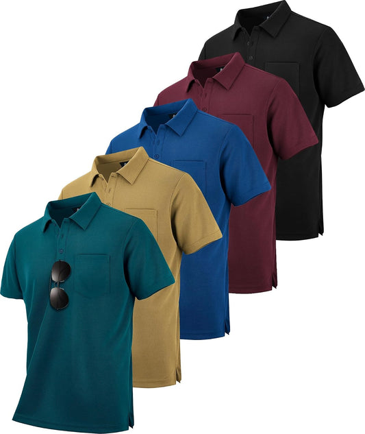 HOTSCODI 5 Pack Mens Pocket Polo Shirts Short Sleeve Multipack Golf Shirt for Men Moisture Wicking Casual Athletic Work T-Shirts