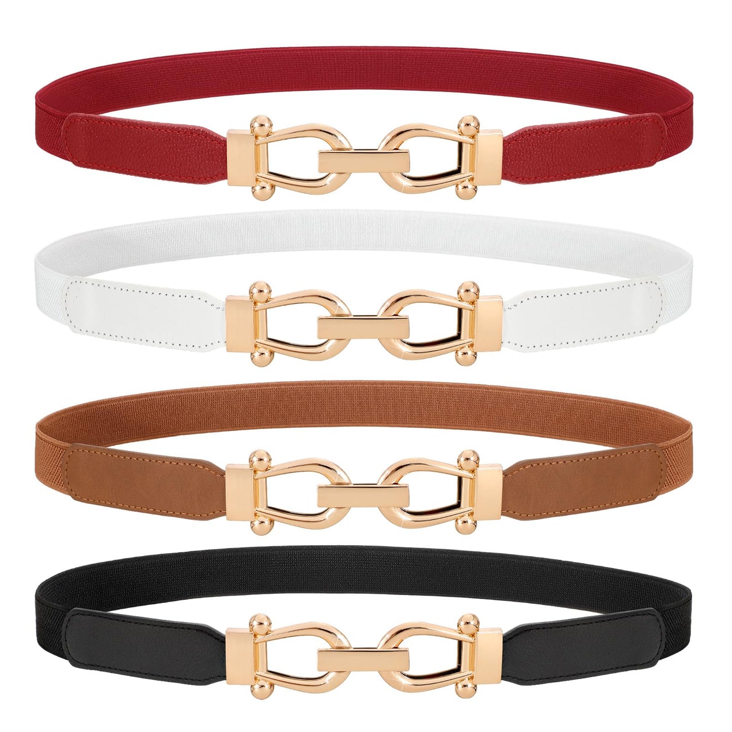 HOTWERFORU 4 Pack Women Skinny Elastic Waist Belt Gold Buckle Stretchy Thin Belt for Jeans Dress