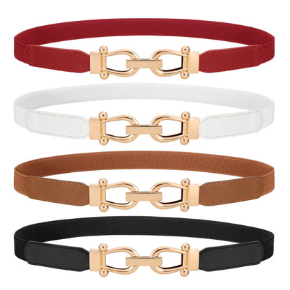 HOTWERFORU 4 Pack Women Skinny Elastic Waist Belt Gold Buckle Stretchy Thin Belt for Jeans Dress