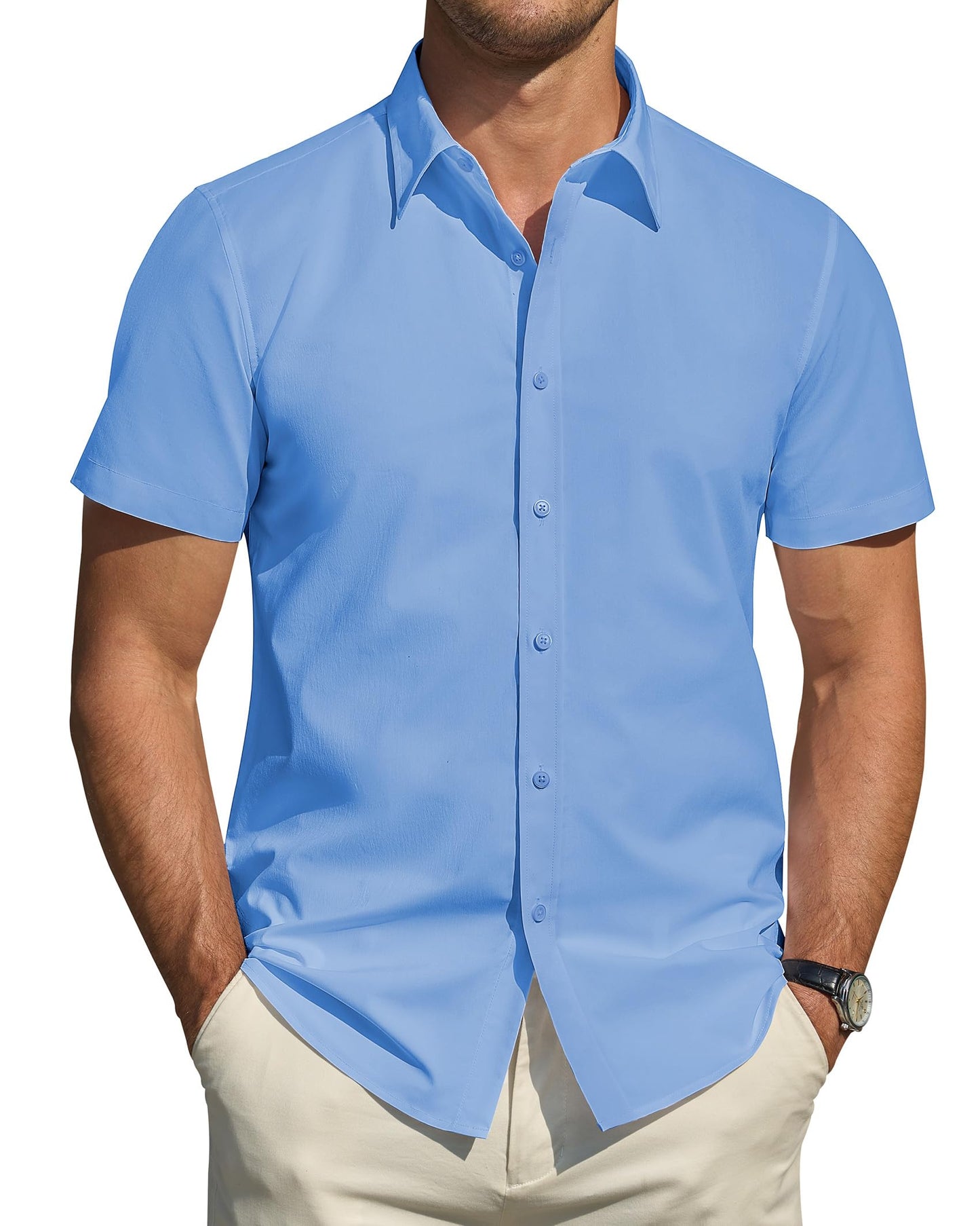 HOTJ.VER Men's Short Sleeve Dress Shirts Stretch Stain Shield Casual Button Down Shirts Solid Formal Shirt