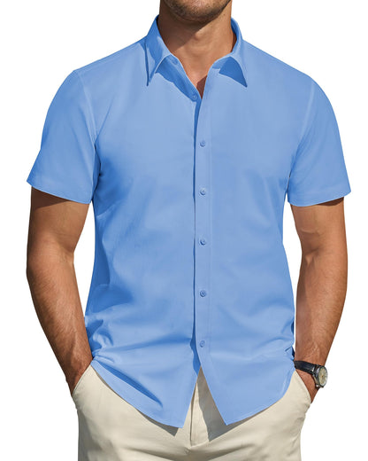 HOTJ.VER Men's Short Sleeve Dress Shirts Stretch Stain Shield Casual Button Down Shirts Solid Formal Shirt