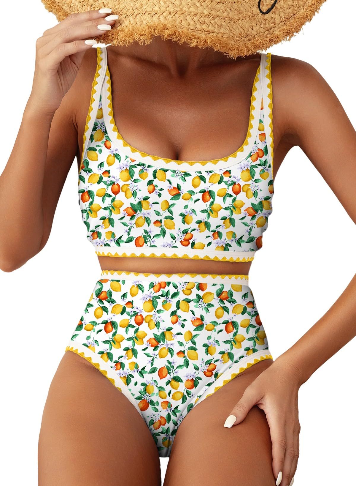HOTHerseas Women's Bikini Sets Floral Print Whip Stitch 2 Piece Swimsuits High Waisted Scoop Bathing Suits
