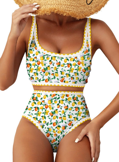 HOTHerseas Women's Bikini Sets Floral Print Whip Stitch 2 Piece Swimsuits High Waisted Scoop Bathing Suits