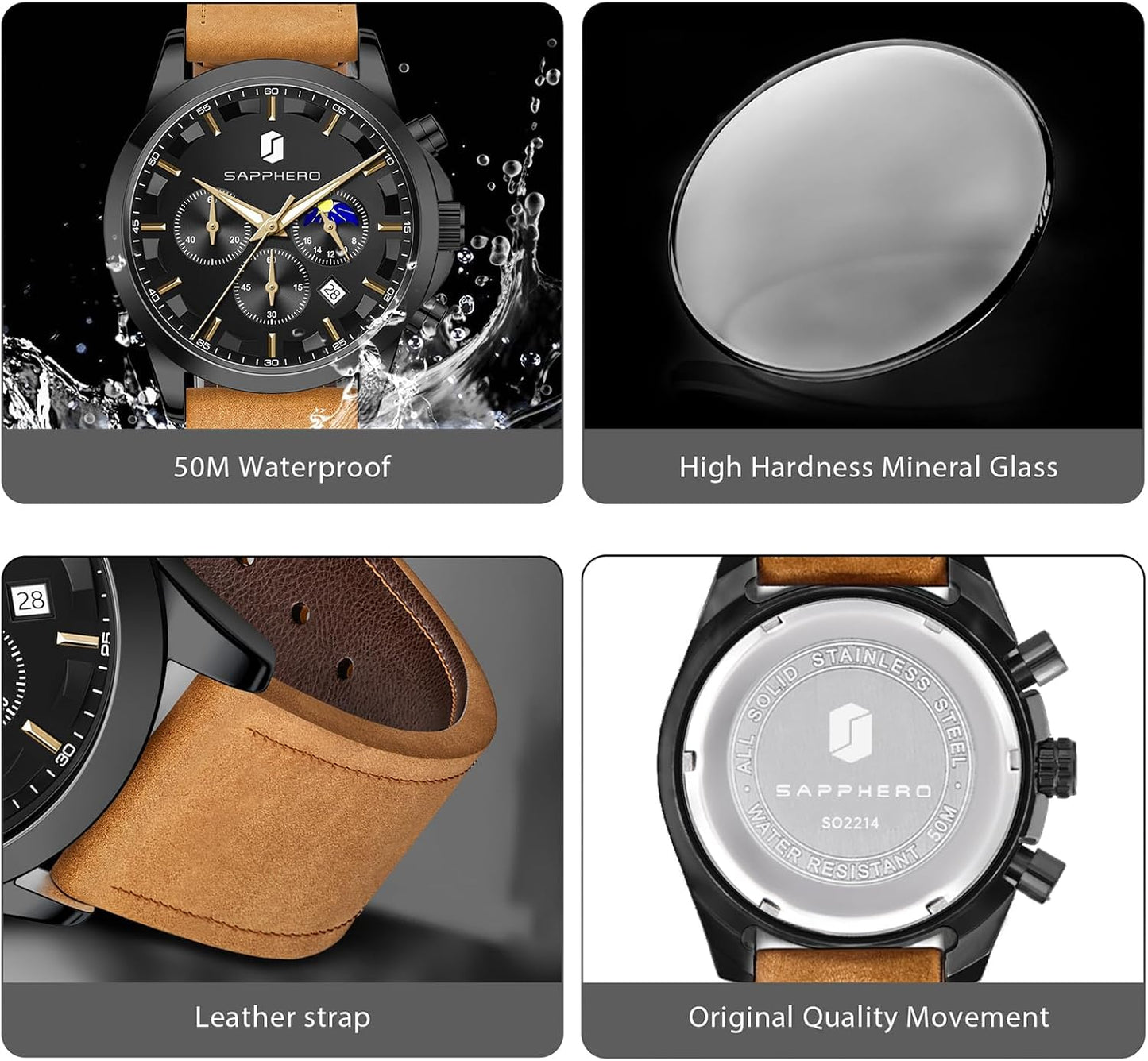 HOTSAPPHERO Chronograph Watches for Men, Original Business Casual Stainless Steel Analog Watch 50M Waterproof Luminous Watches with Date Dial, Mens Gift