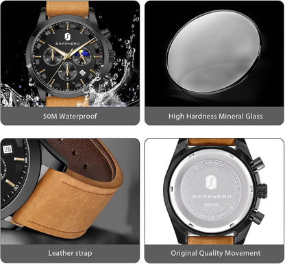 HOTSAPPHERO Chronograph Watches for Men, Original Business Casual Stainless Steel Analog Watch 50M Waterproof Luminous Watches with Date Dial, Mens Gift