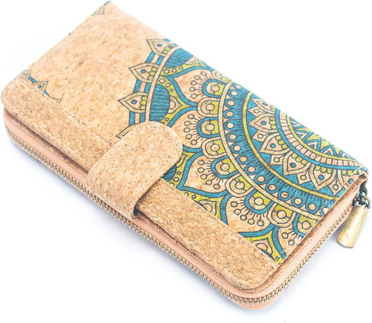 HOTNatural cork zipper wallet, vegan wallet Eco friendly gift, lightweight durable (Green Mandala)